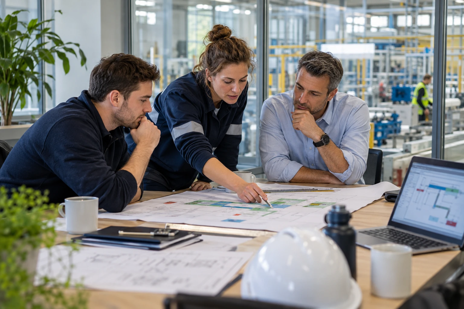 Drie mensen bespreken documenten aan een tafel in een industriële omgeving.