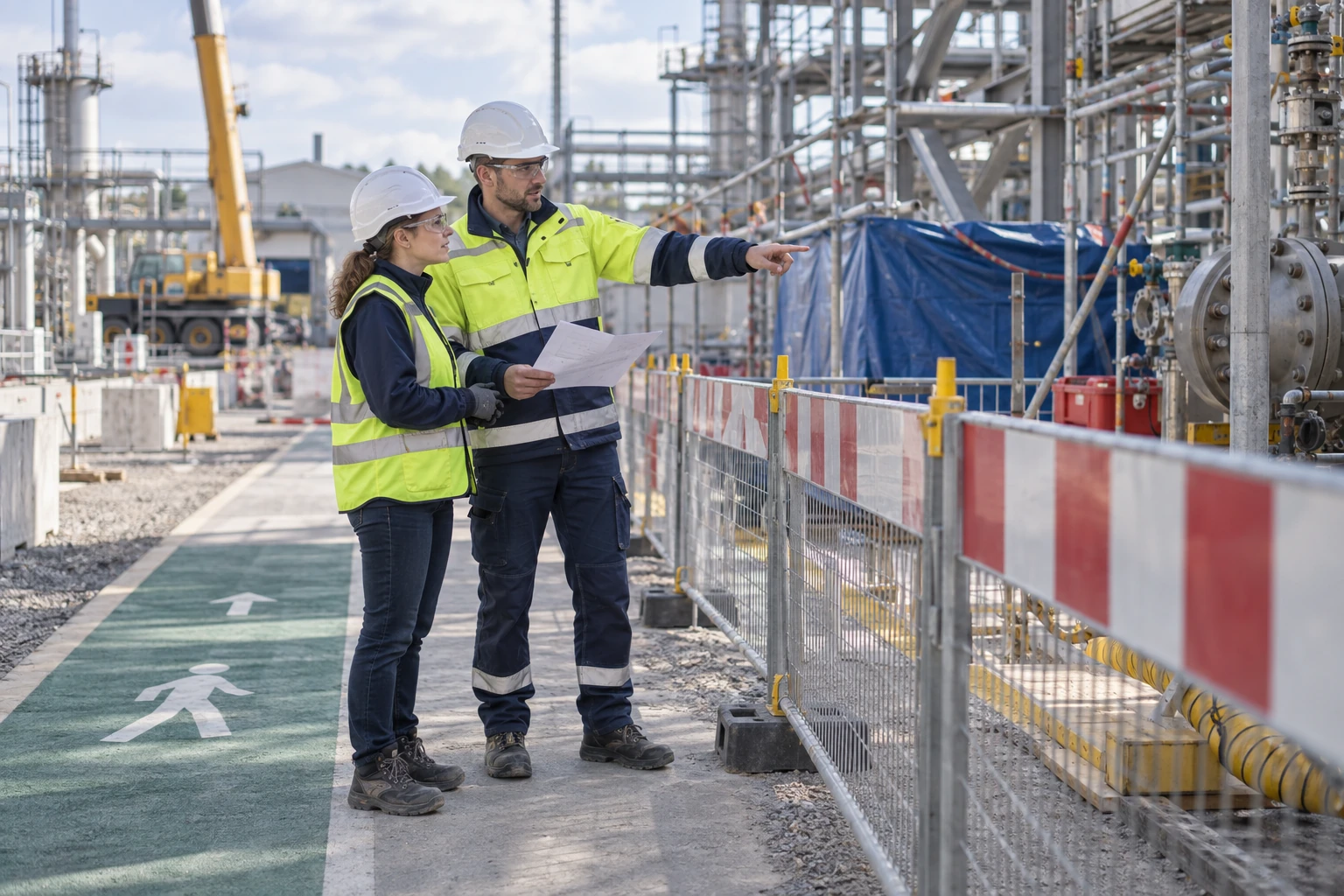 Twee mensen met werkkledij en helm overleggen bij een afgebakende projectzone.