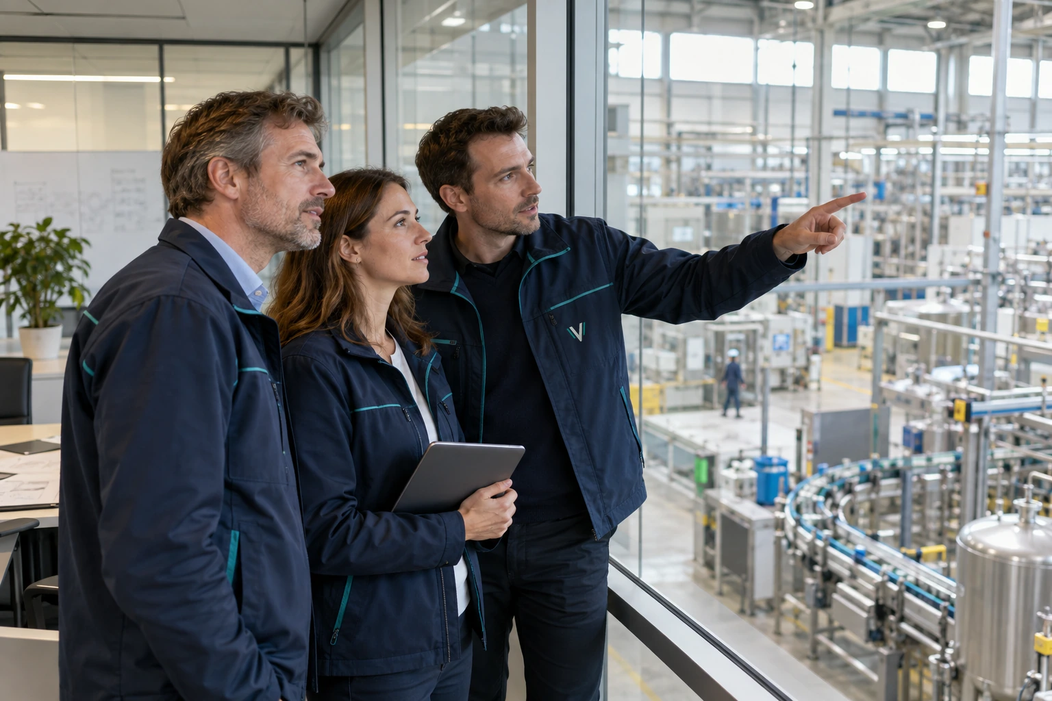 Drie mensen bekijken een industriële werkruimte en bespreken informatie op een tablet.